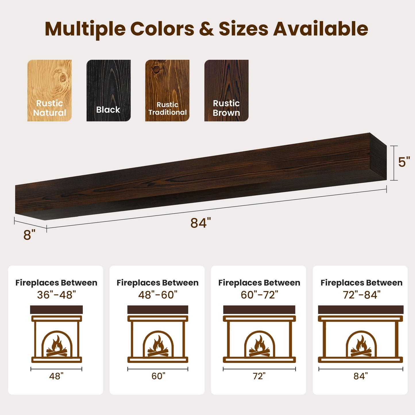 Acovy Floating Fireplace Mantel Shelves, 84x8x5 Inches Natural Wooden Floating Shelf for Over Fireplace, Wall-Mounted Mantel Shelf for Living Room and Home Decor, Rustic Brown