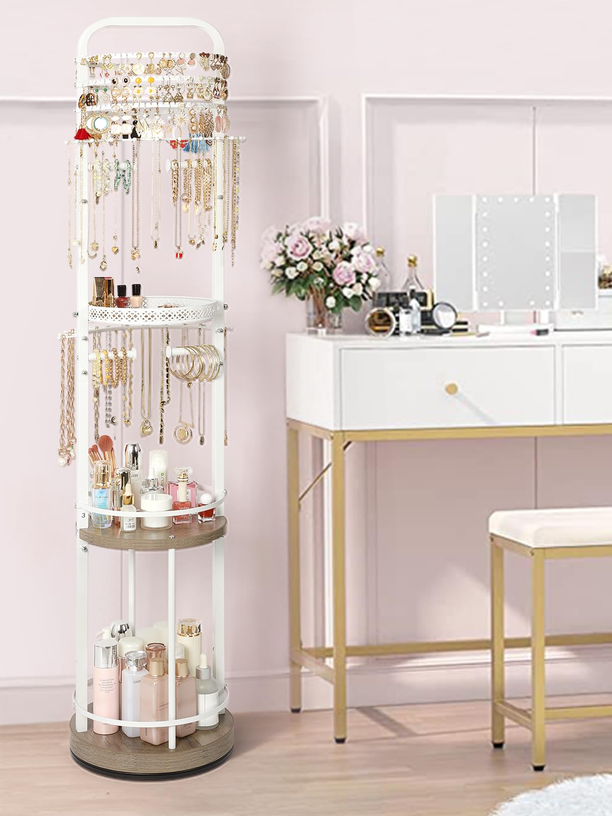Jewelry Holder Organizer, Floor Jewelry Organizer with Earring Organizer Necklace Holder, Rotating Jewelry Stand Necklace Display Earring Storage, Large Hanging Jewelry Tree for Jewlery Bracelet Ring