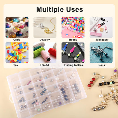 Sopoloray 4 Pack 36 Grid Bead Organizer Box, Clear Plastic Small Parts Organizer with Dividers, Bead Storage Containers for Jewelry Craft DIY Thread Fishing Tackle