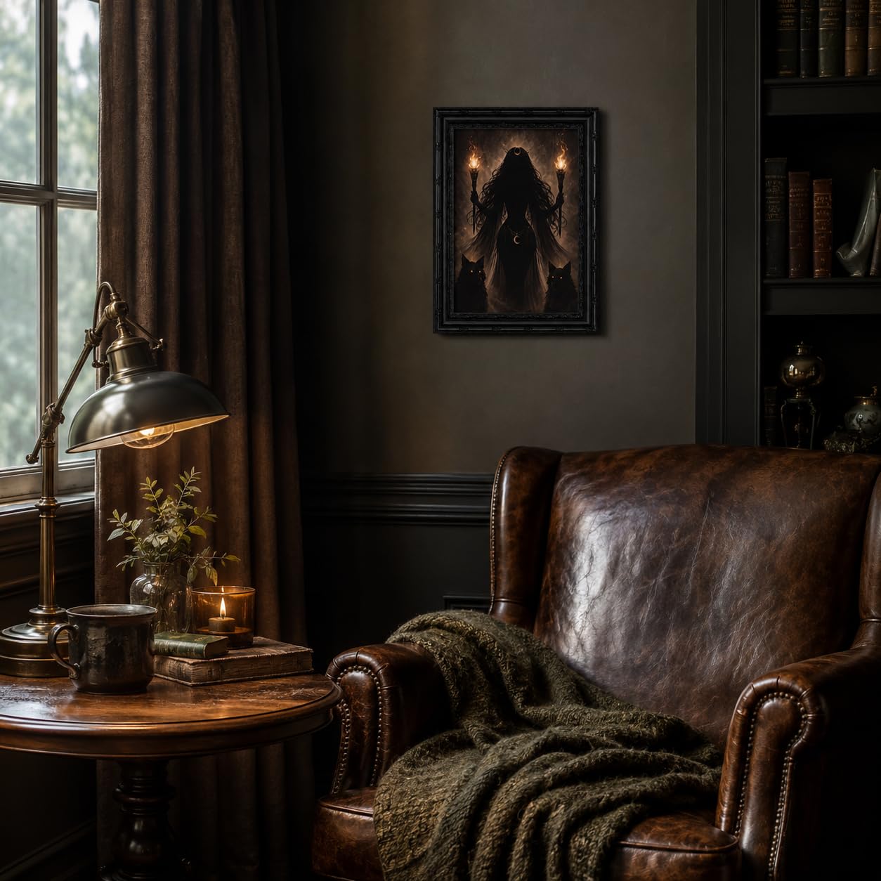 Dezrobew Gothic Witch Wall Art Dark Fantasy Black Wolves Painting Dark Academia Decor Mystical Moon Artwork Black Framed Picture for Bedroom Living Room Office 9''X11''
