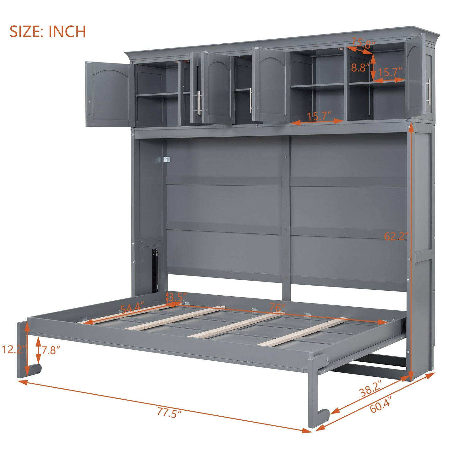 Favfurish Full Size Murphy Bed Wall Bed with Top Cabinets,Hidden Platform Bed Chest W/Wood Slats Support,Space-Saving,Easy Assembly,for Bedroom,Guest Room,Home,Office,Gray