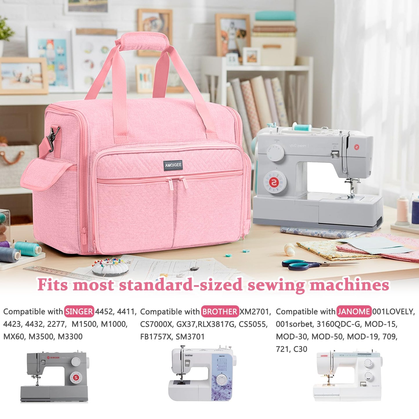 AMOIGEE Full-Open Sewing Machine Case with Wheels, Large Rolling Sewing Machine Bag with Detachable Foldable Dolly, Heavy-Duty Embroidery Tote for Brother Singer Janome Standard Machines Storage