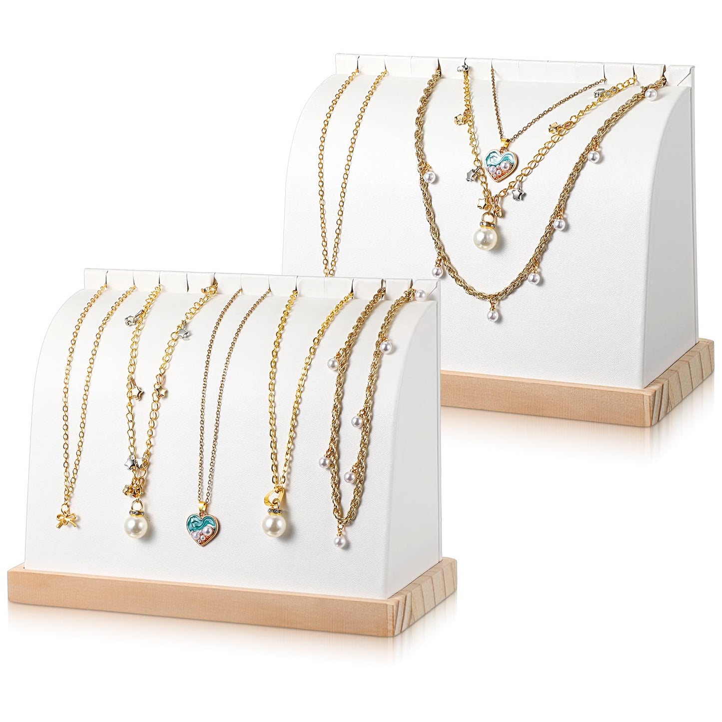 2 Pcs Cambered Wooden Necklace Display Stand with Soft PU Leather Mat, Necklace Bracelet Pendant Chokers Chains Organizer Holder, White Tabletop Jewelry Display Storage Holder for Selling Exhibition