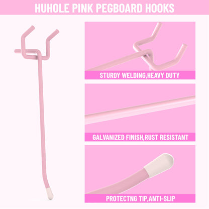 HUHOLE 50-Pack Pink Pegboard Hooks 2 Inch, Decorative Metal Peg Board Hangers with Rubber Safety Tips, Fits 1/8" & 1/4" Boards, Heavy Duty Organizer for Craft Room, Nursery, Garage & Retail Display