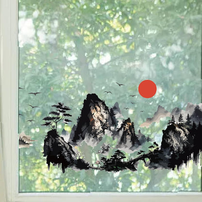 GORGECRAFT 46x15"/116x38cm Large Landscape Wall Stickers Double Sided Mountain Window Decals Non Adhesive Butterfly