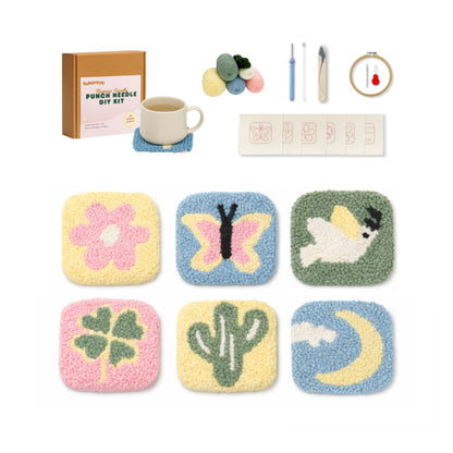 Kukovaya Punch Needle Kit for Beginners & Adults; Complete DIY Embroidery 6-Coaster Kit with Printed Fabric, Yarn, Needle, Hoop & Guide Easy Craft Kit for Home Decor, Gifts & Stress Relief