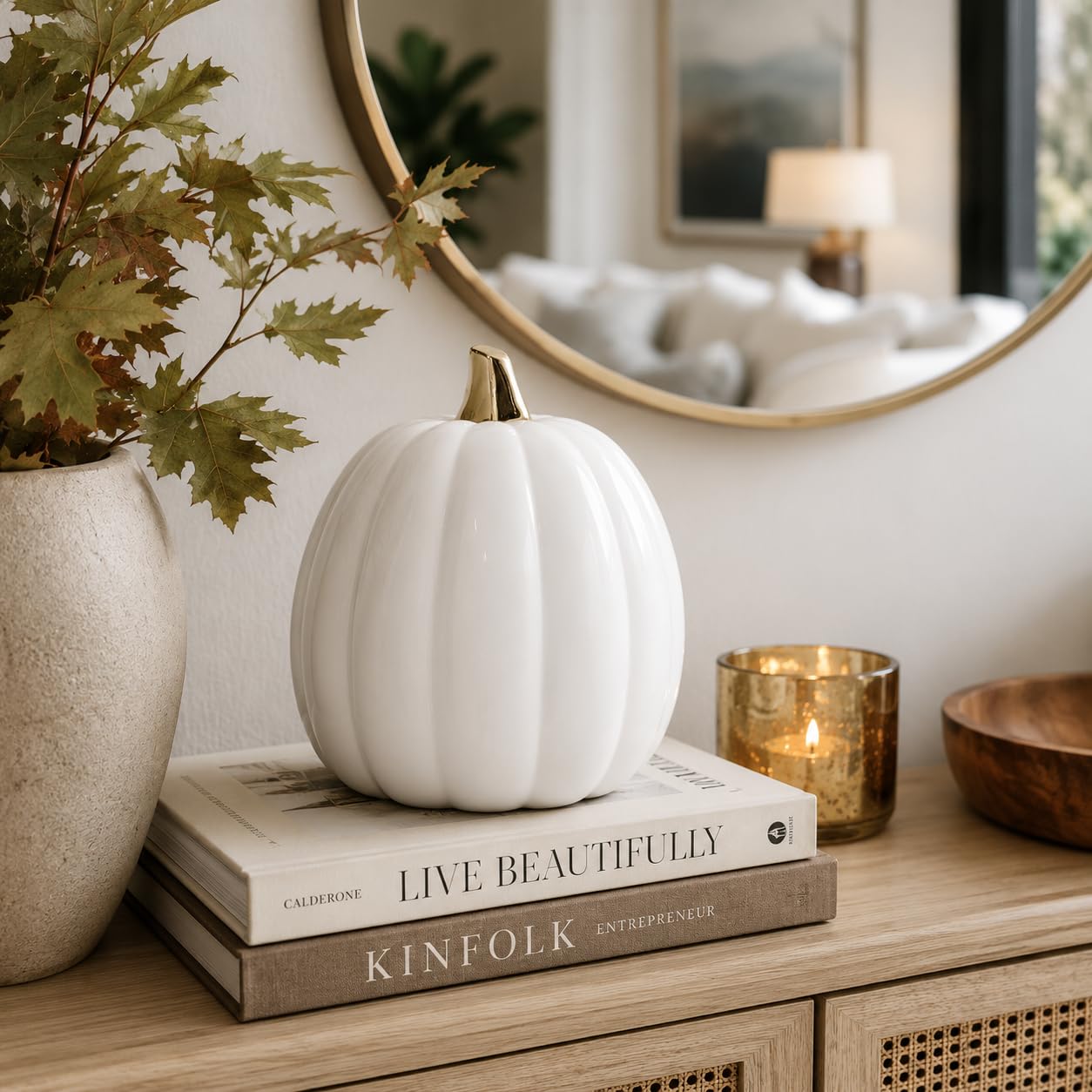 Pearhead Ceramic Pumpkin Fall Decor with Gold Stem, White