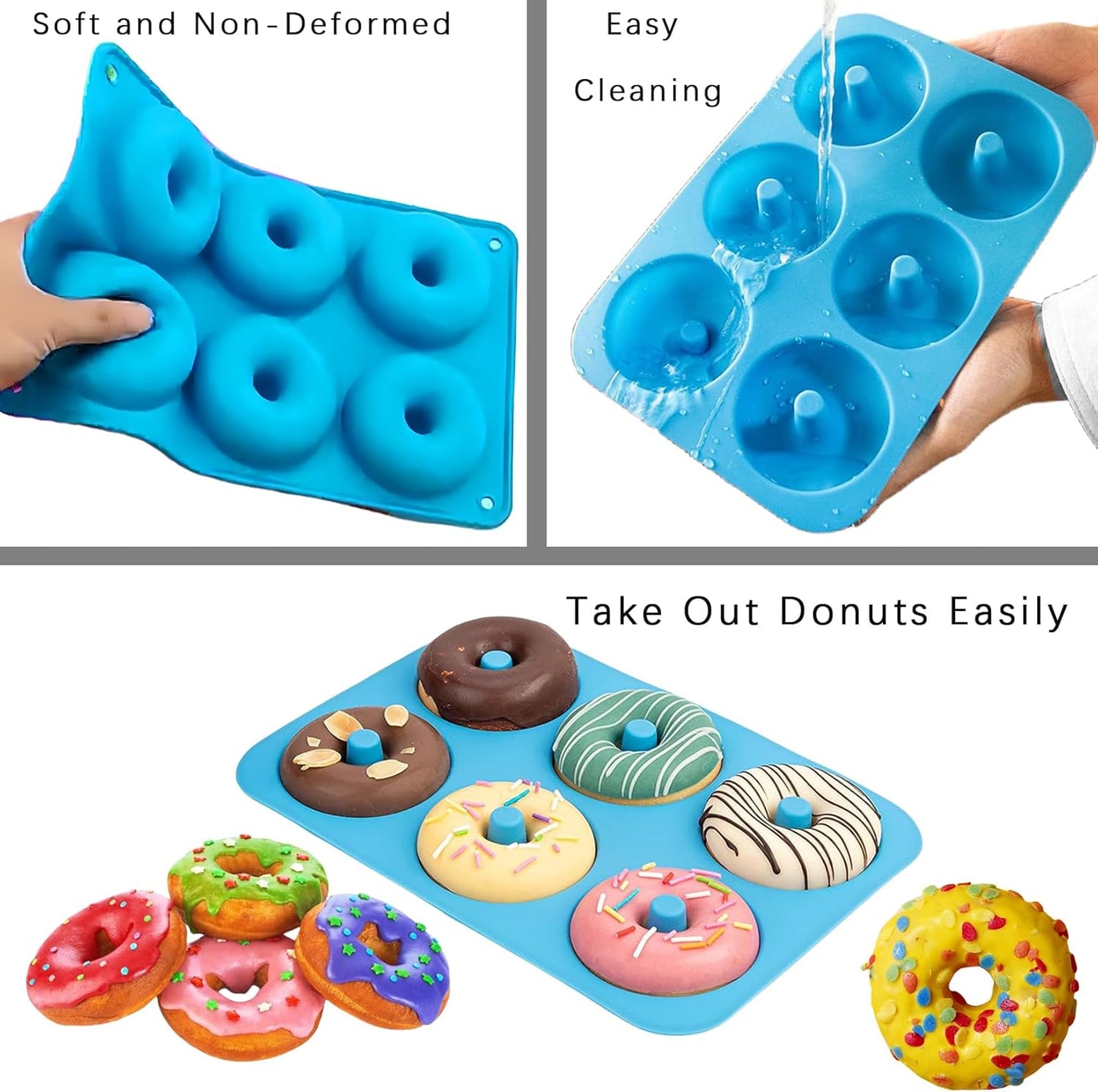 LIHUILAI 3 Pack Silicone Donut Mold, Food Grade Non-Stick Baking Pan for 6 Full Size Donuts, Blue, Green, Pink