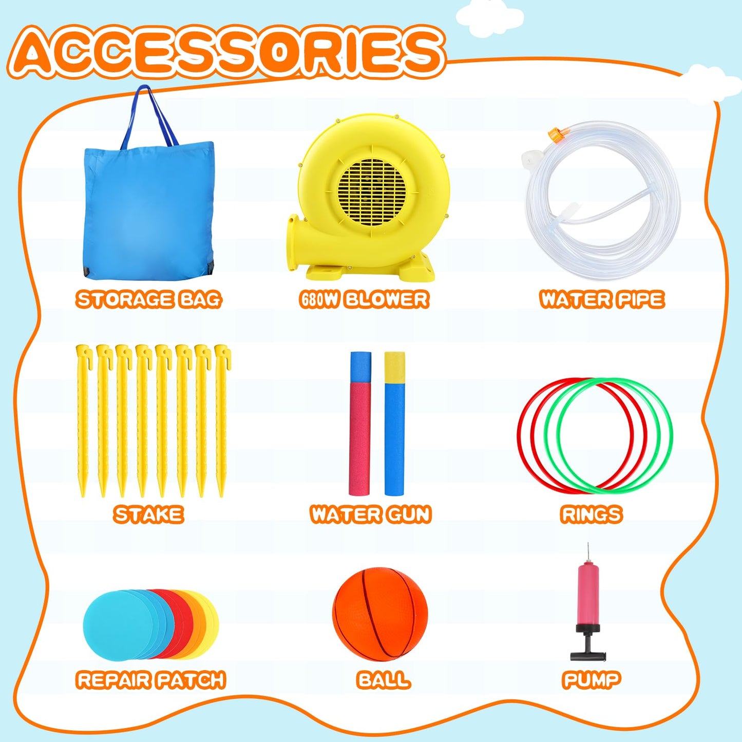 FINCOME Water Bounce House with Double Slide for Kids 3-10, Large Inflatable Water Bouncy Castle with Long Water Slide Jumping Climbing Pool Air Blower, Bouncy House for Party Birthday Holiday Summer