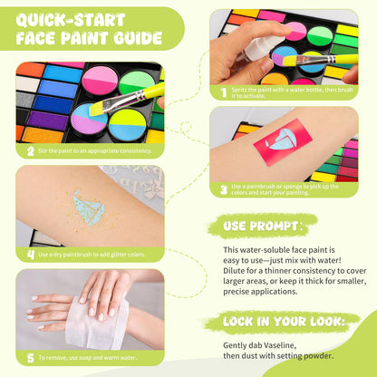 Pintada 44 Color Face Painting Kit for Party - Non Toxic Water Activated Face Paint Palette with Stencils, Brushes, Gems & Glitter. Halloween, Carnival; Costume Makeup for Creative Activities