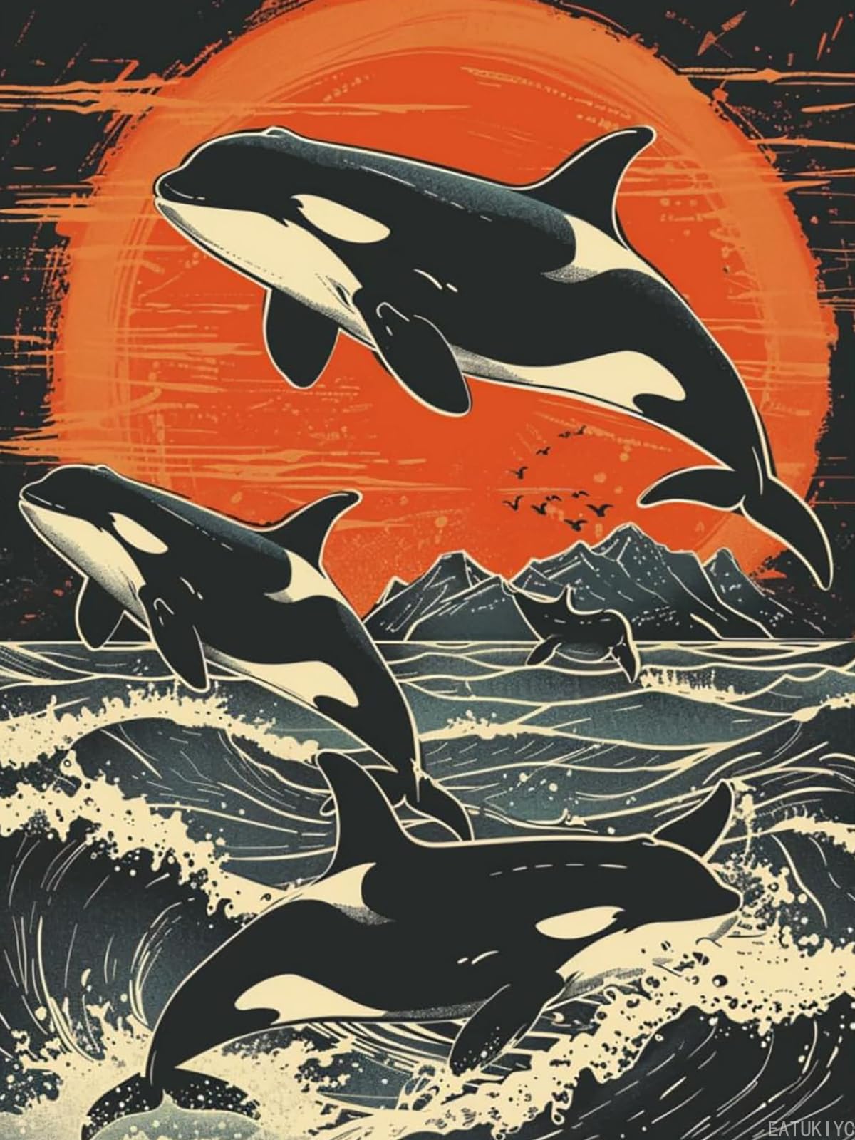 EATUKYIC DIY 5D Diamond Art Orcas Whale Jumping Sunset Paint with Full Drill Round Diamond Gems Painting by Number Kits for Adults Art Craft Home Wall Decor 12x16 inch