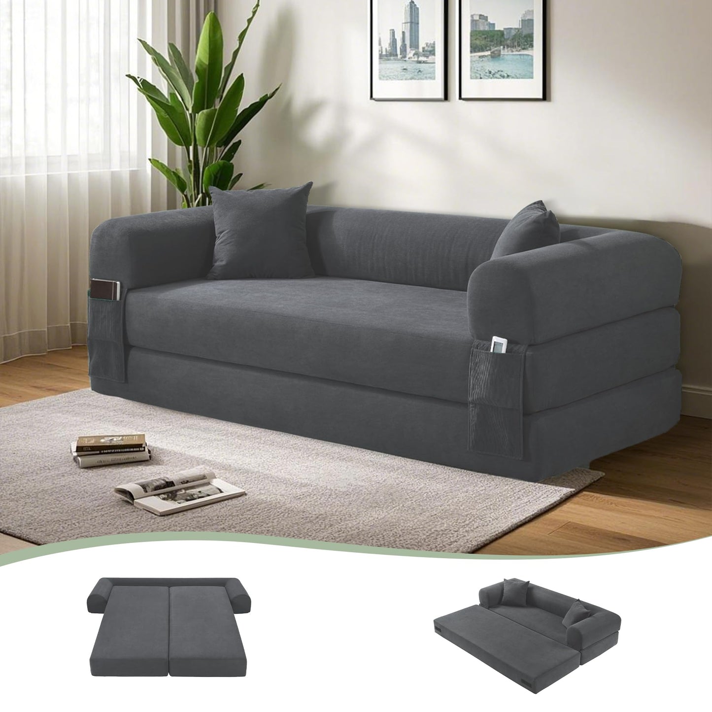 80” Convertible Sofa Bed, Cloud Boneless Couch Floor Sleeper Bed with Pillows, Corduroy Compression Sofa in Box, No Assembly Modular Lounge Couch for Living Room, Smog Gray