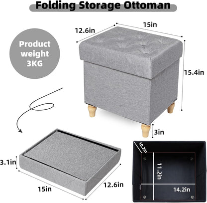 15"x12.6"x15.4 CAROLMADE Folding Storage Ottoman Cube Linen Footstool with Wood Legs Ottoman Footrest for Living Room