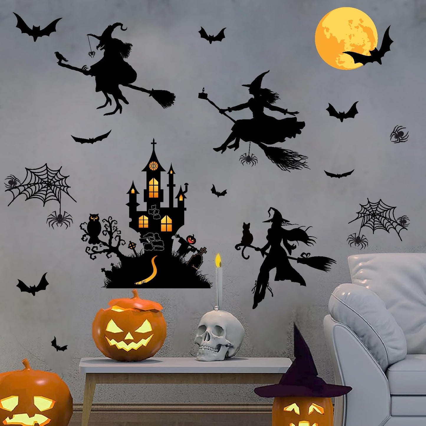 Halloween Decorations Decals Witches Wall Decor Black Bats Castle Stickers Halloween Wall Decal Peel and Stick Halloweens Party Supply Scary Spider Vinyl Sticker Art Murals for Home Window Door Decor