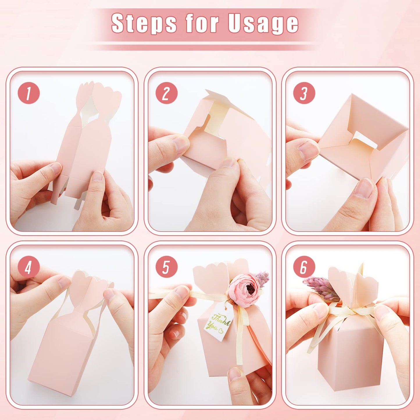 TaoBary 50 Pcs Wedding Favor Boxes Pink Party Favor Box with Ribbon and Flower DIY Chocolate Candy Gift Treat Bags for Engagement Bridal Baby Shower Birthday Anniversary Party Decorations