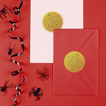 CRASPIRE 2" Gold Foil Sticker Halloween 100pcs Certificate Seals Gold Embossed Bat Moon Round Embossed Foil Seal Stickers for Envelopes Invitation Card Diplomas Awards Graduation