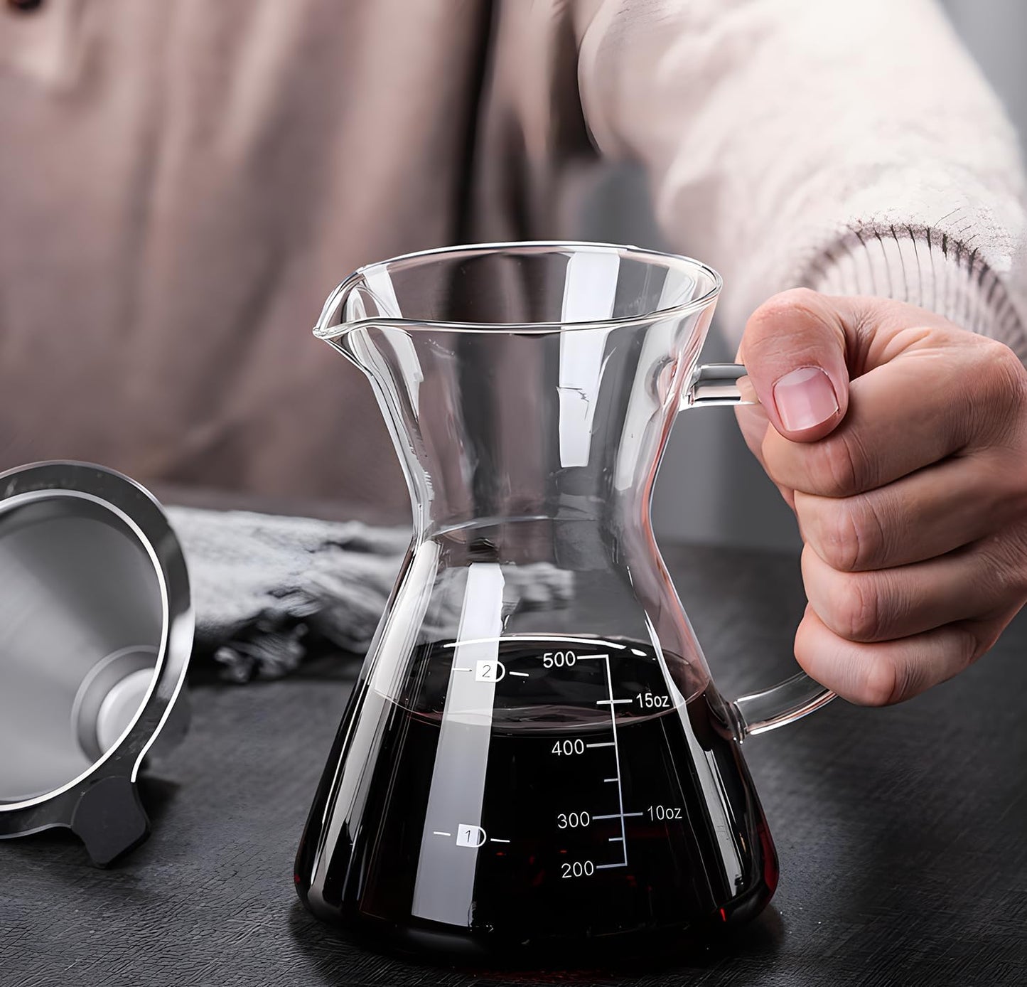 Pour Over Coffee Maker with Reusable Stainless Steel Drip Filter, Borosilicate Glass Carafe for 1-4 Cups