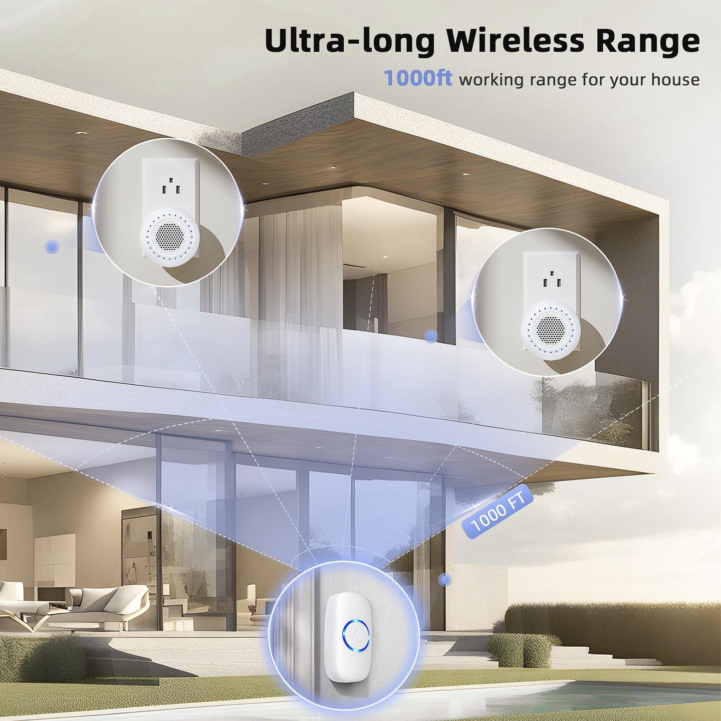 Wireless Doorbell • PHYSEN • Doorbell Chime Kits with 1 Transmitter 1 Receiver • Waterproof • Operating at 1000ft Range • 32 Ringtones • 4 Volume Levels • LED Flash • Door Bell for Home Classroom