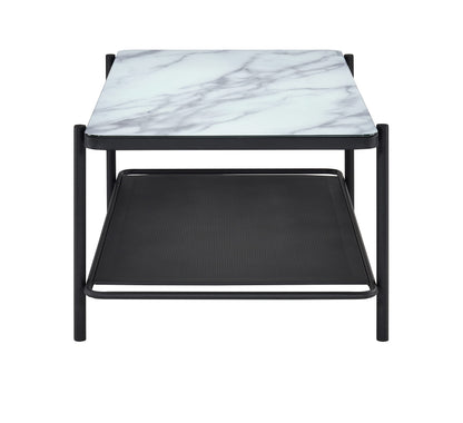 Furniture of America Basil Industrial 1-Shelf, Faux Marble Top Steel 48 in. Rectangle Coffee Table for Living, Bedroom, Reception Room, Black and White