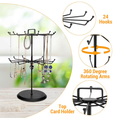 MyGift 2 Tier Black Metal Rotating Necklace tree stand for vendor & bracelet holder Jewelry Stand with 24 Hooks, Multipurpose Accessory and Keychain Spinning Display with Top Handle Card organizer