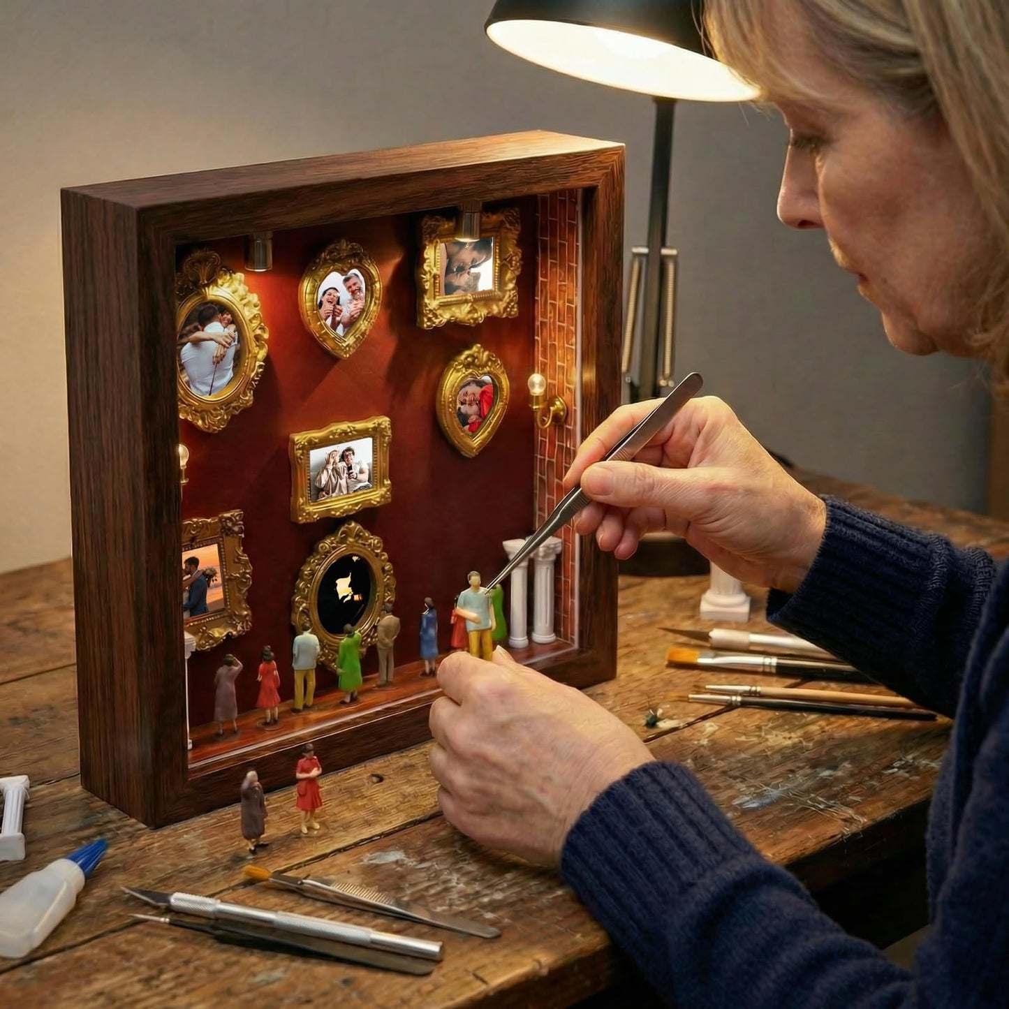 DIY Mini Museum Silhouette Box, Shadow Box Frame Set, Museum of Us Box with Gold Mini Picture Frames & Figurines for Mother's Day, Anniversary and Valentine's Day Gifts (Walnut Wood Color)