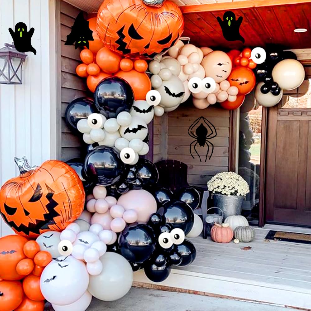 Leesoot Halloween Decorations 164pcs Balloon Arch Kit + 3D Stickers Bat Spider Ghost for Halloween Party, Orange Apricot Balloons with Pumpkin Foil Balloons Home Decoration