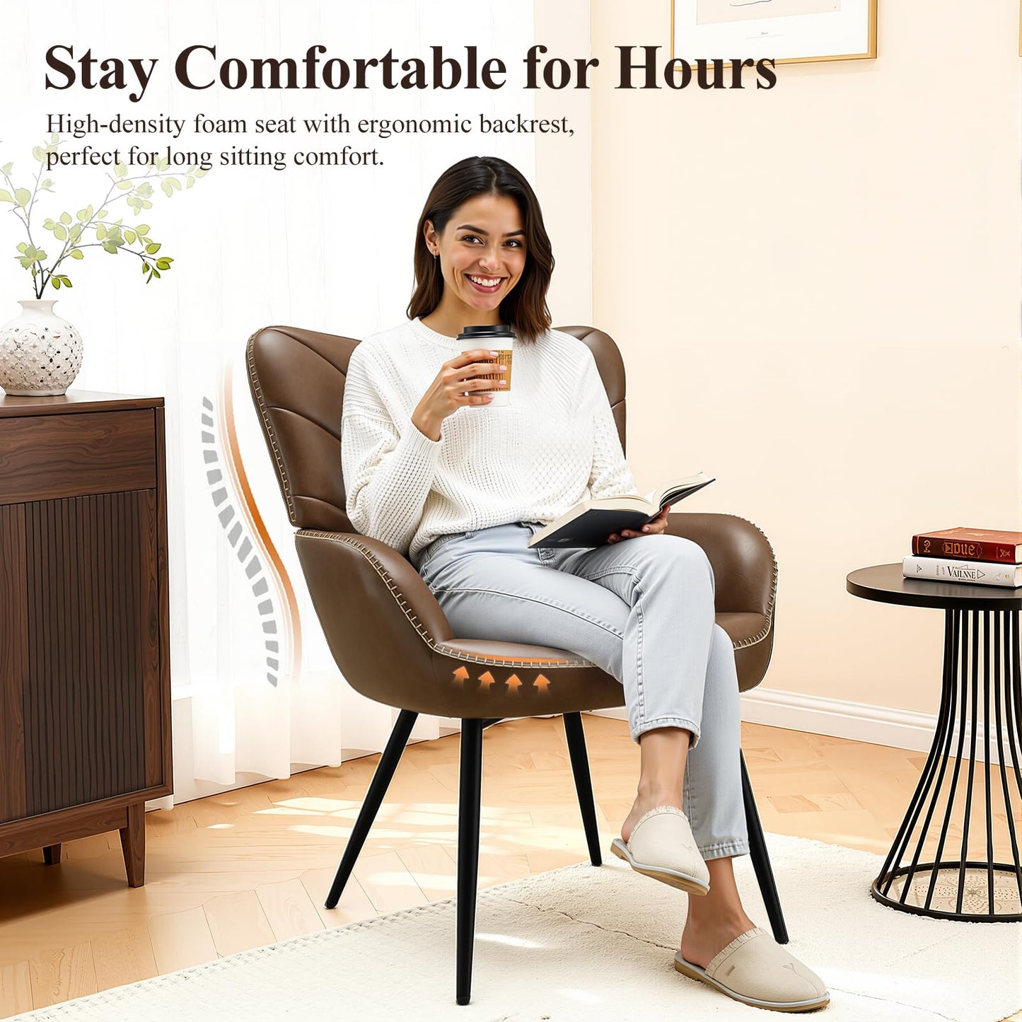 MALOL Mid-Century Modern Faux Leather Accent Chair for Living Room, Upholstered Armchair with Curved Back, High-Density Cushion & Metal Legs, Lounge Chair for Bedroom/Reading Corner,Set of 2