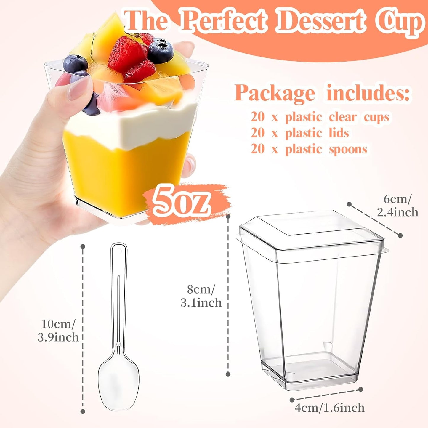 20 Pack 5 oz Rouceyxin Plastic Dessert Cups with Lids and Spoons, Yogurt Parfait Appetizer Cup with Lids for Party