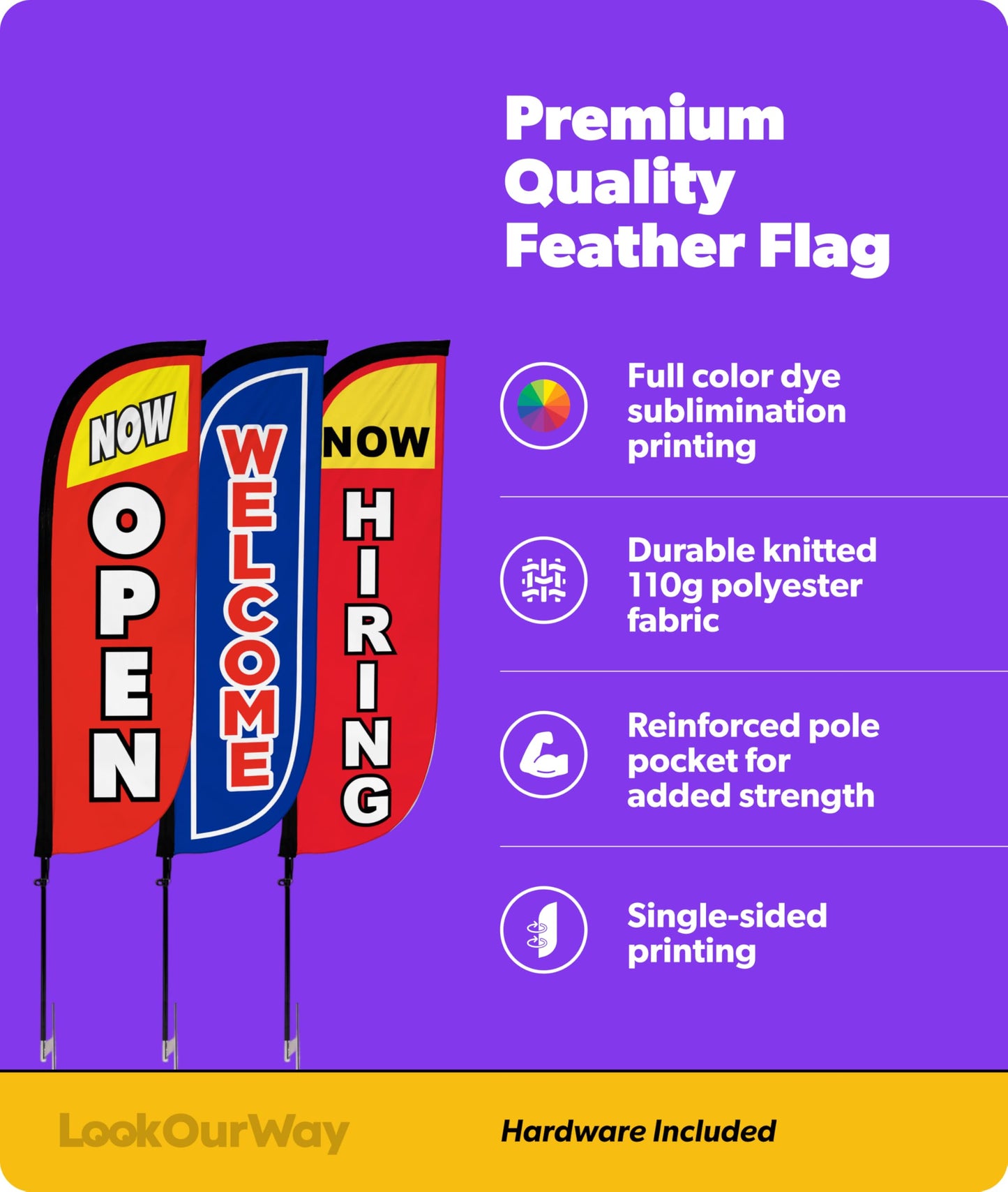 LookOurWay Feather Flag Pole Kit 3-Pack Bundle - 7ft Tall Grand Opening Advertising Banners with Poles and Ground Spikes - Now Open Red, Welcome Blue/Red, Now Hiring