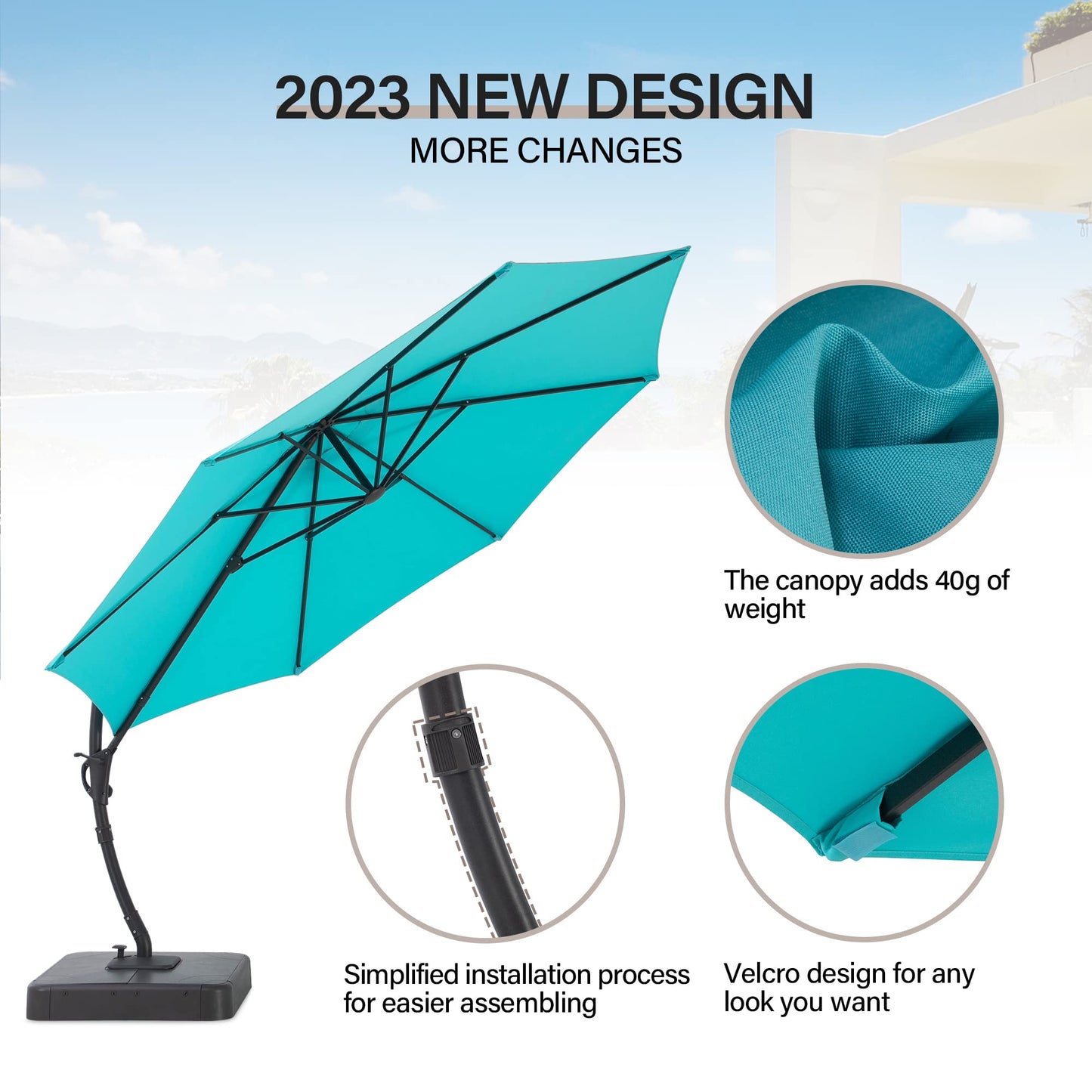 EO Living Outdoor Patio Umbrella with Base included, 11 FT Deluxe Curvy Cantilever Umbrella Heavy Duty Offset Hanging Umbrella with 360° Rotation for Pool, Garden, Backyard, Deck (Turquoise Blue)