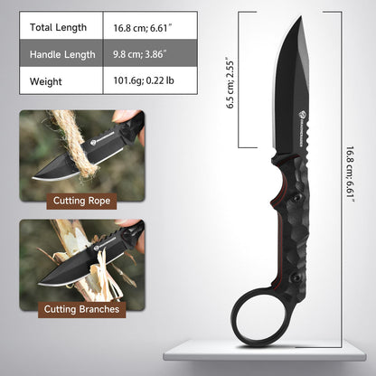DRACHENADER EDC Fixed Blade Knife with Sheath 7.08" Small Horizontal Carry Knifes with Kydex Sheath, Full Tang 5Cr13MoV Stainless Steel, Black, Neck Knife, Men Gifts