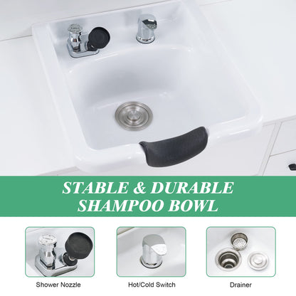 BarberPub Multi-Functional Shampoo Backwash Sink Station with Shampoo Bowl for Hair Stylist, Salon Spa Beauty Cabinet with Faucet Sprayer, Barber Storage Equipment 7139 (White)