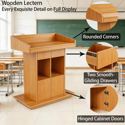 XIHAADOY Wooden Lectern Podium Stand with Lockable Wheels, with Wooden Heavy Base, Mobile Rolling Church Pulpits, Office Wooden Reception Desk, Host Stand for School Conference,Natural