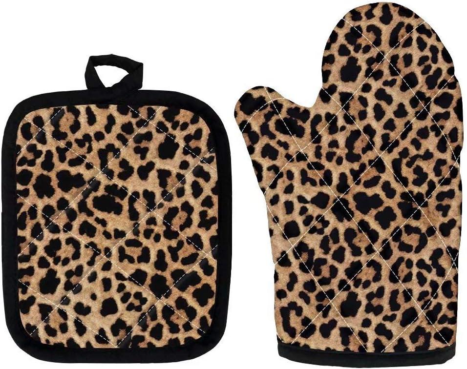 Dellukee Oven Mitt and Pot Holder Set, Leopard Print Heat Resistant Kitchen Gloves for Baking Cooking Grilling BBQ