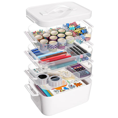 Tebery 4 Tier Plastic Craft Storage Organizer, Clear Stackable Arts Supply Box with Removable Tray, Portable Bead Jewelry Sewing Tool Container Case with Handle, Ideal for Home Studio Travel