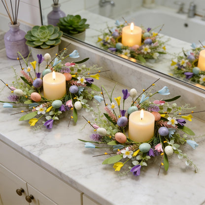 6 Pcs Easter Small Candle Rings Wreaths Mini Pillar Candle Holder Wreath with Eggs and Flowers Artificial Spring Yellow Berries Wreath for Home Kitchen Front Door Window Porch Wall Table Cnterpieces