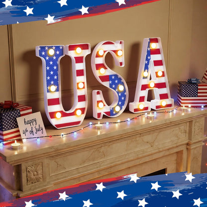 InnovaTools 3 Pcs Light Up Letters, 4th of July Patriotic USA LED Marquee Letter Lights, American Flag Red White Blue Decor for 250th Anniversary Independence Day Table Centerpiece Home Decorations