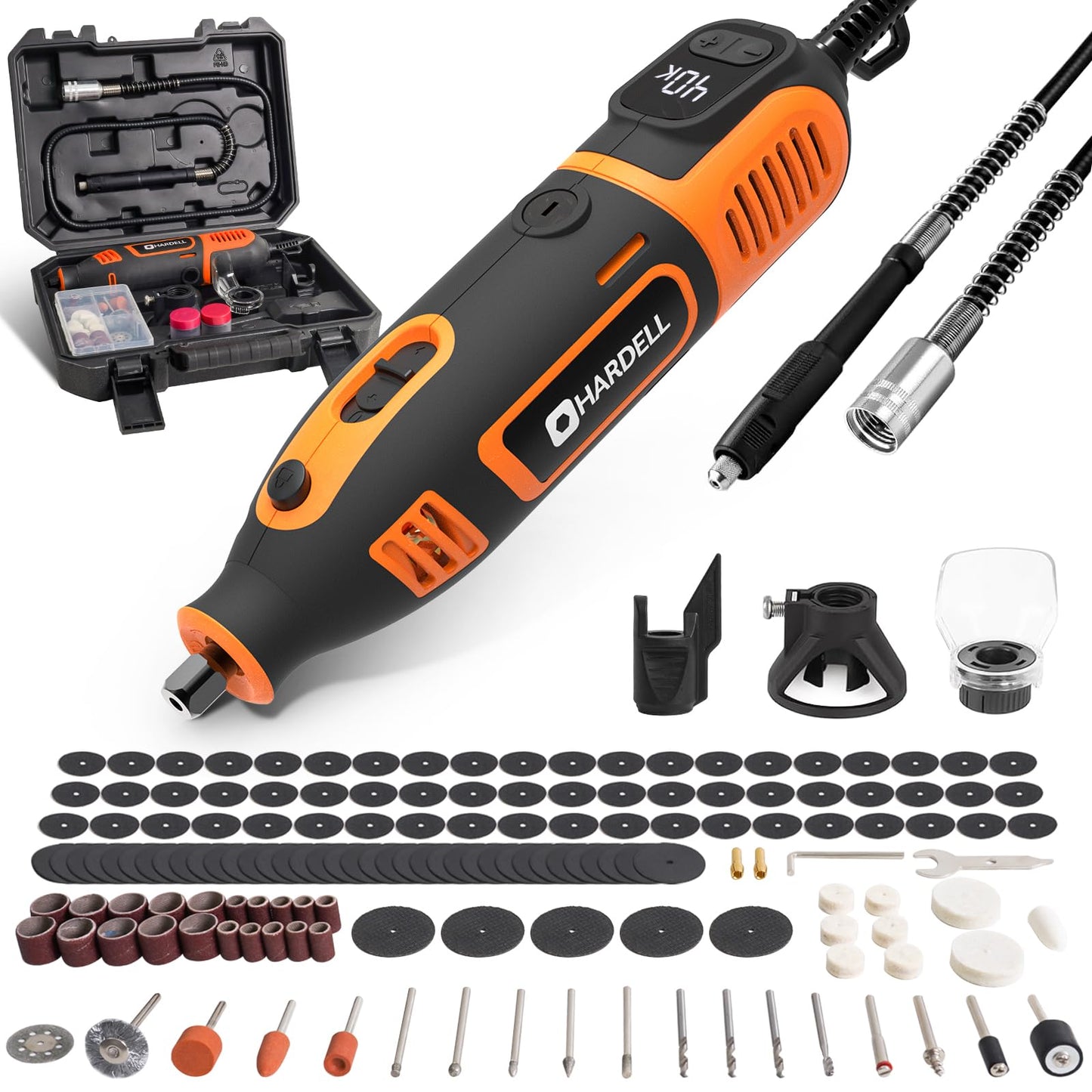 HARDELL 200W Corded Rotary Tool Kit with Fine Speed Control & Flex Shaft 8000-40000 RPM Digital Display, 155Pcs Accessories for Crafting, Cutting, Sanding, Polishing, Drilling, Carving, DIY Projects