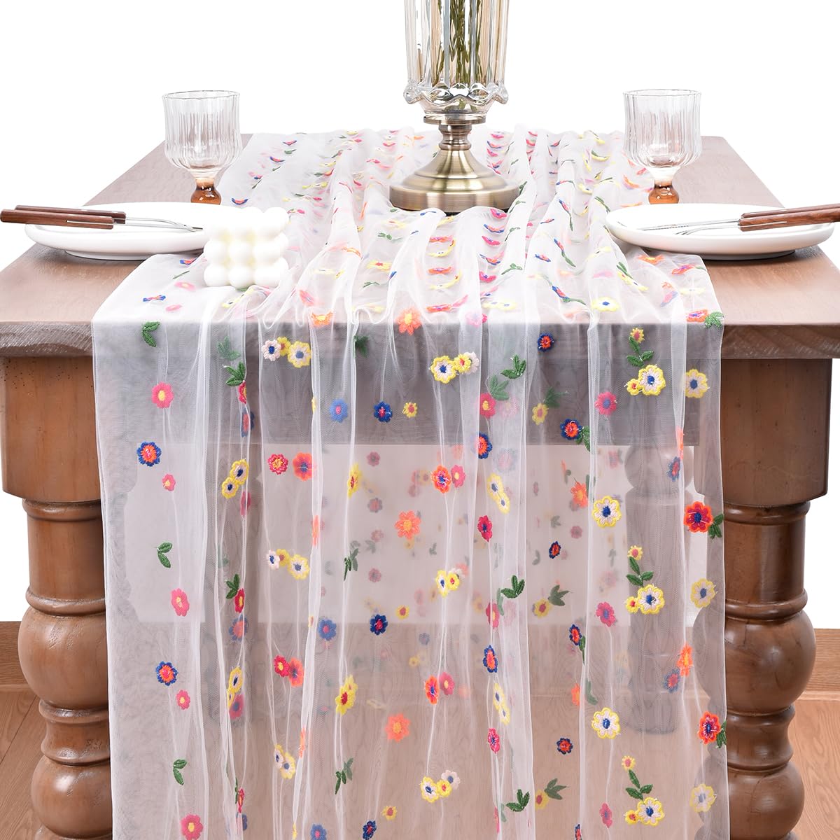Joanlody 6pcs Ivory Summer Flower Table Runner 10ft Embroidery Daisy Floral Seasonal Tulle Table Runner for Home Garden Tea Party Holiday Birthday Decoration