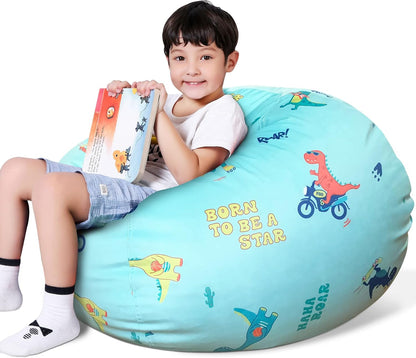 Lukeight Dinosaur Zipper Stuffed Animal Storage Bean Bag Chair Cover for Kids, Organizing Plush Toys (Dino Blue, Large)