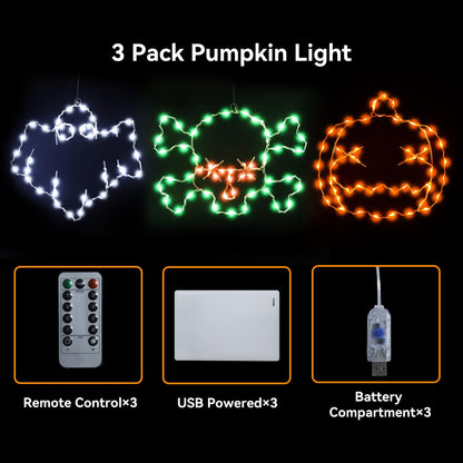 Veeydrut Halloween Decorations Lights 3 Packs, USB or Battery Powered Halloween Ghost Skeleton Skull Decor String Lights, 8 Modes Remote Control with Timer, Outdoor Indoor Home Party Gift