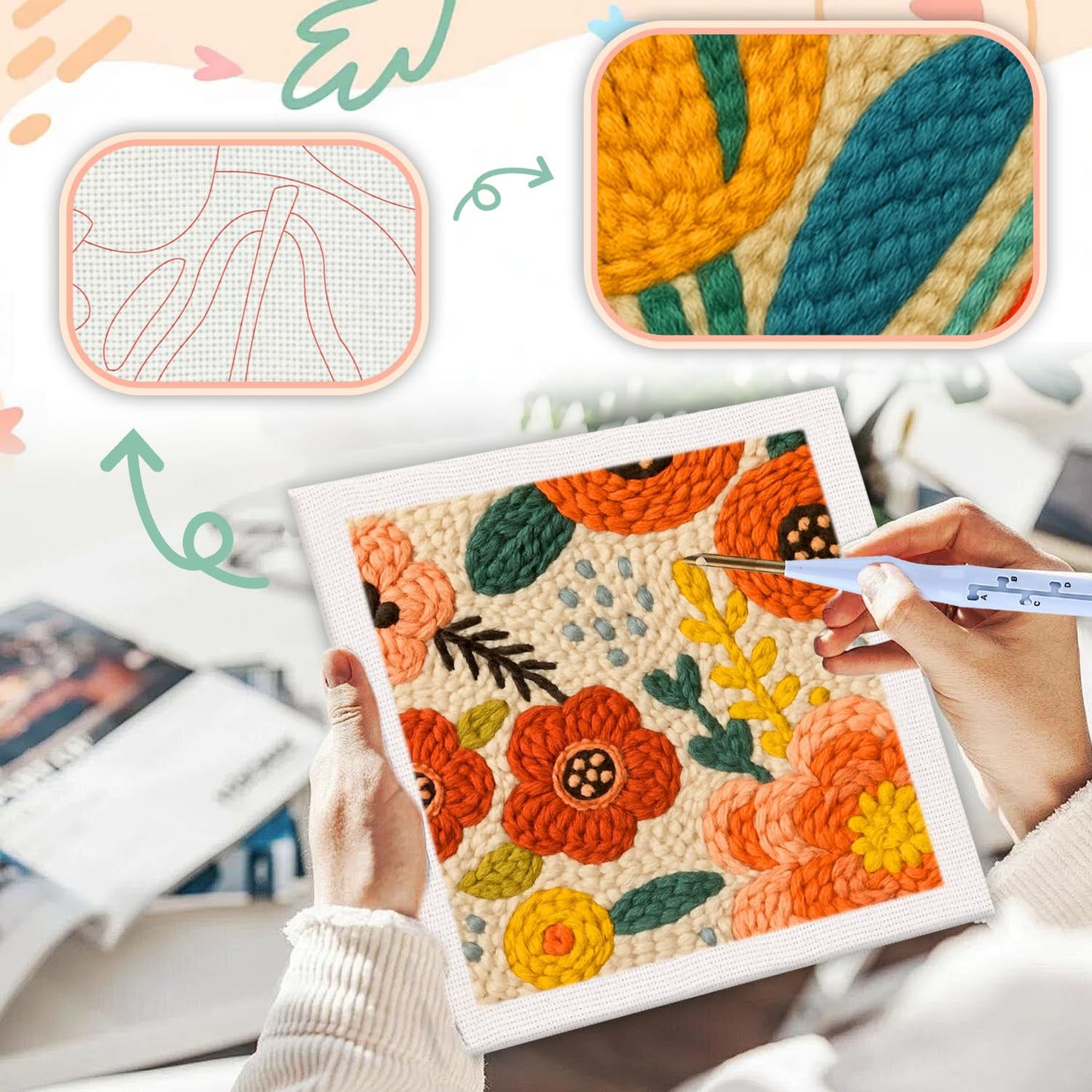 SDOYUNO Punch Needle Kit with Frame for Adults Beginners Kits 9.84 x 9.84 Inch Embroidery Starter Kits Punch Needle Kit with Flowers Pattern, Threader, Yarns, Rug Punch, DIY Craft Kits (Orange)