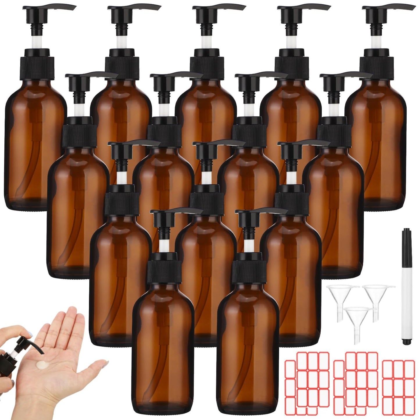 15 Pcs Amber Glass Pump Bottles - 4 oz Refillable Amber Travel Bottles Dispenser Set with Press Pumps, Includes 3 Funnels, 5 Label Sheets & Pen, Refillable Glass Containers for Lotions