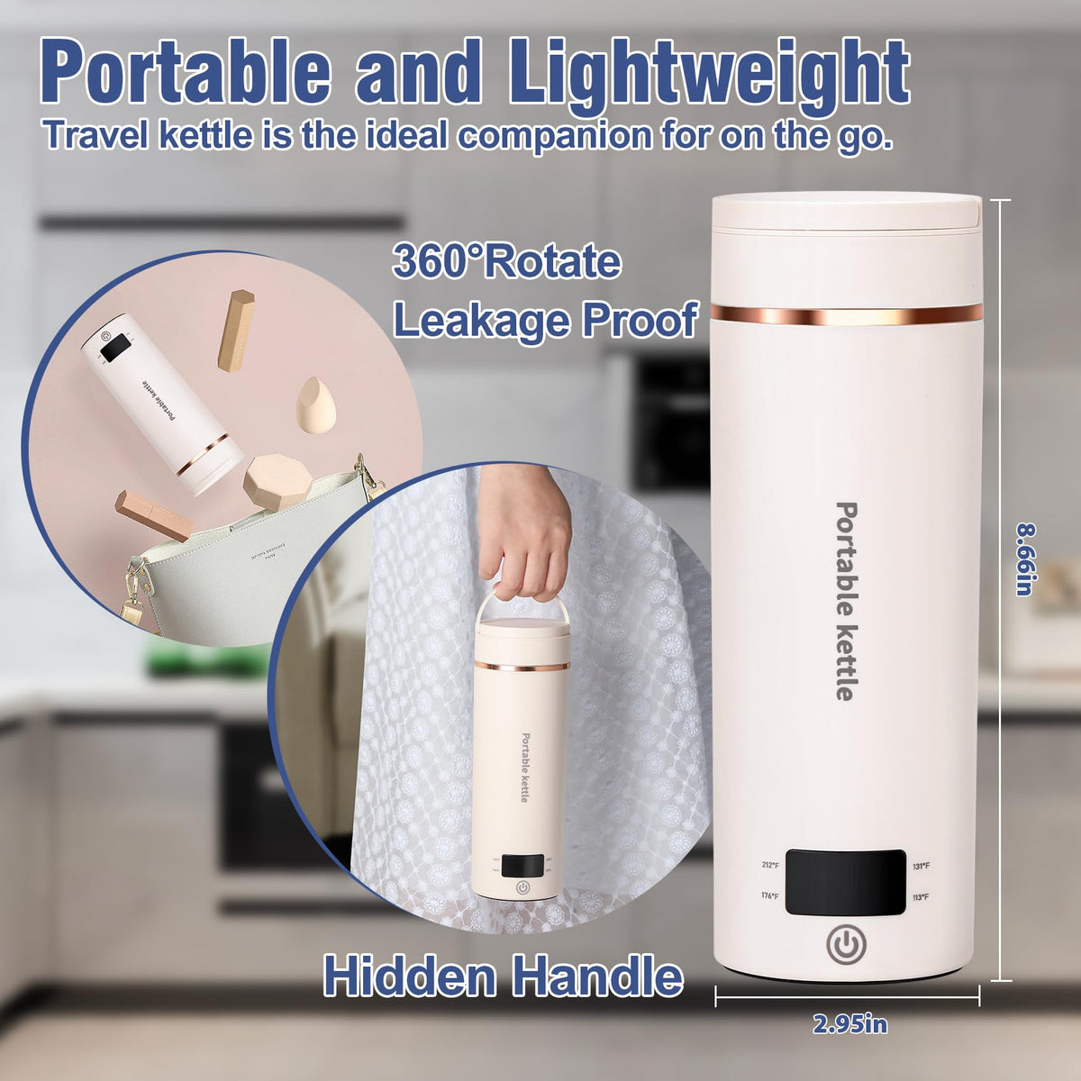 Travel Electric Kettle Portable Mini Kettle,Small Hot Water Boiler with 4 Temperature Settings,304 Stainless Steel,Fast Boiling Water with Auto Shut-Off and Boil Dry Protection,400ml (Beige, 400ML)