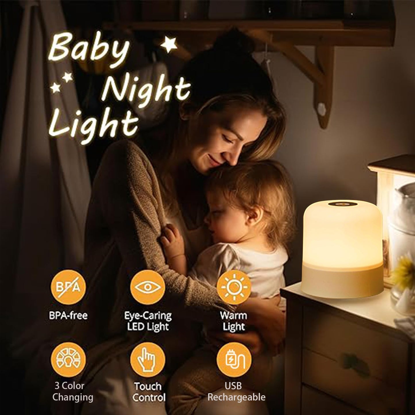 Night Light for Baby, 2400mHA 3 Lighting Modes with Touch Control Night Lamp for Kids Dimming Function & USB Rechargeable Kids Lamp, Portable Nursery Night Light for Breastfeeding,Bedside,Sleeping