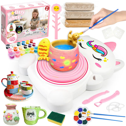 Pottery Wheel Kit for Kids with Glow Paints, Complete Pottery Arts Crafts Toys for Girls 8-12, Art Supplies for Kids 6 7 8 9 10 11 12 Toys Girls Birthday with Drawing Molds Tablecloth Air Dry Clay
