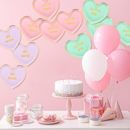 Suclain 36 Pcs Valentine's Day Heart Paper Plates 9 Inch Valentines Conversation Heart Shaped Paper Plates Disposable Candy Tableware Dinnerware for Galentine Party Favors Gifts (Green,Purple,Pink)
