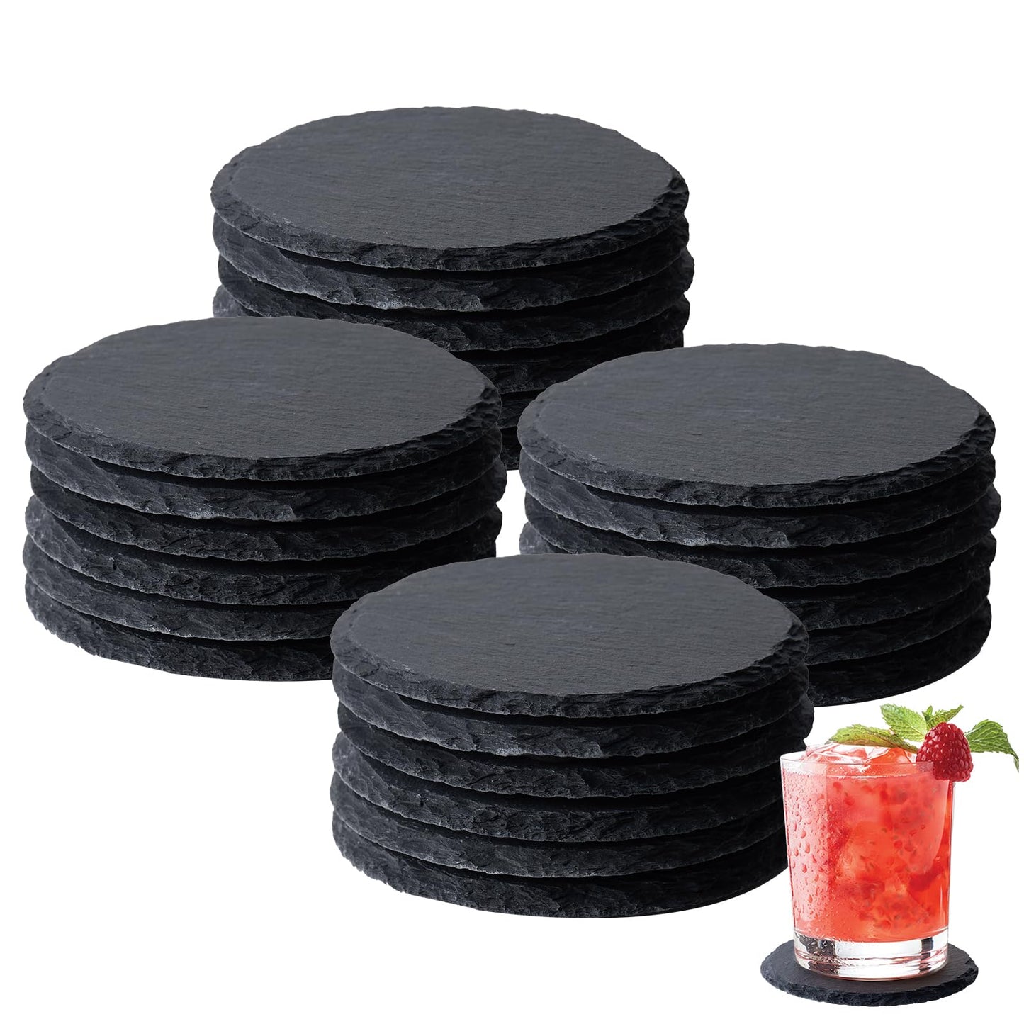 24 PCS Slate Coasters Set, 4 Inch Black Round Stone Drink Coasters Bulk, Laser Engraving Blanks with Anti-Scratch Bottom for Coffee Bar Home Kitchen Decor, Ideal Housewarming Wedding Gifts