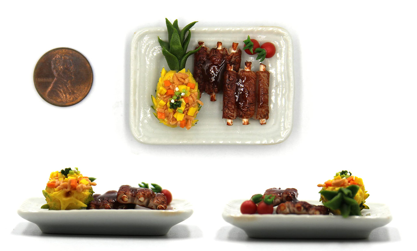 Lovely Mixed 5 Assorted Hawaiian Grilled, Steak, with Appetizer Dish Dollhouse Miniature Food, Tiny Food for Collectibles, Compatible with Barbie Dollhouse and Diorama Scale 1:6, 1/6