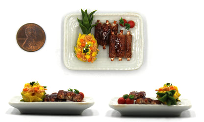 Lovely Mixed 5 Assorted Hawaiian Grilled, Steak, with Appetizer Dish Dollhouse Miniature Food, Tiny Food for Collectibles, Compatible with Barbie Dollhouse and Diorama Scale 1:6, 1/6